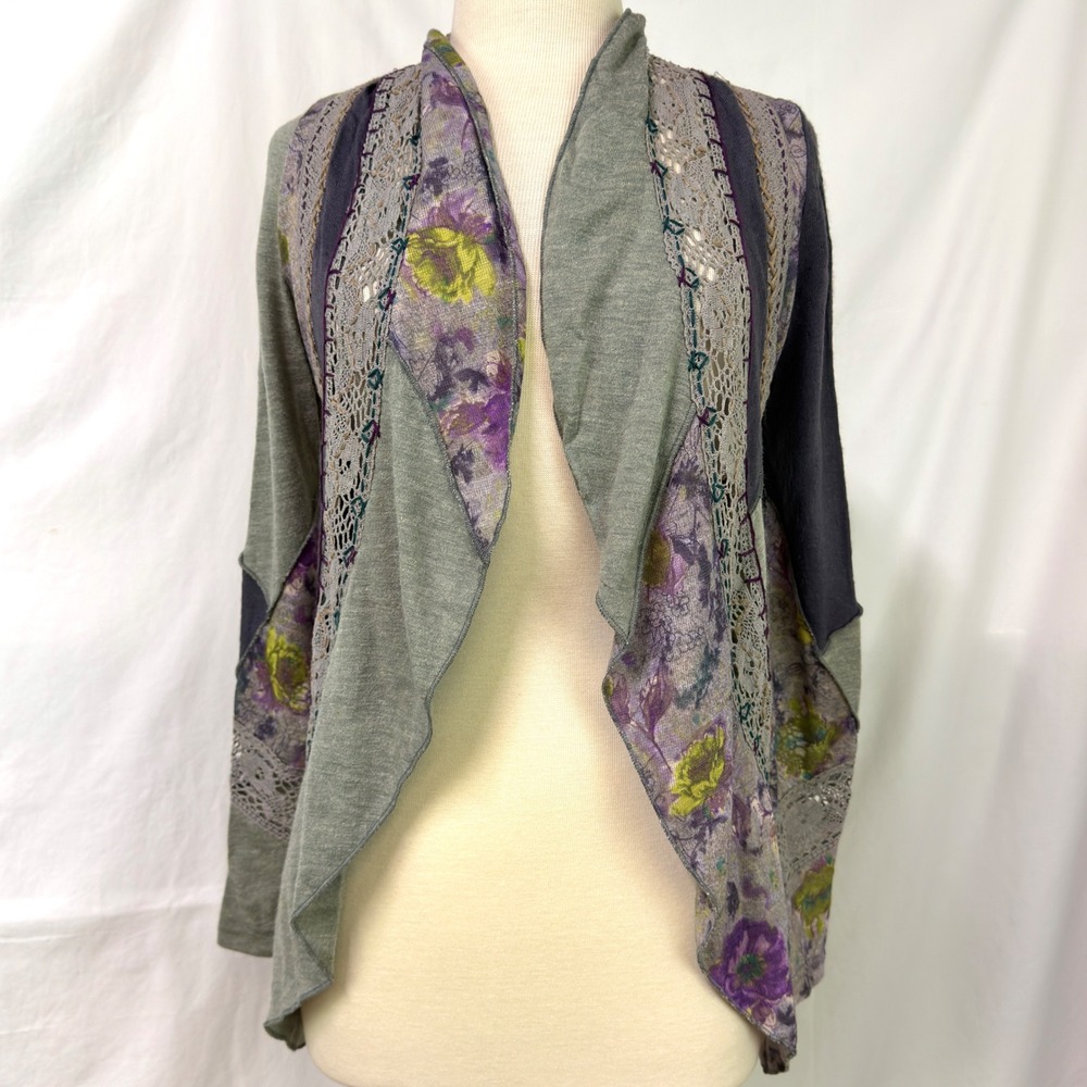LULUMARI Anthropologie Patchwork Mixed Media Cardigan S Lagenlook Fairy Grunge